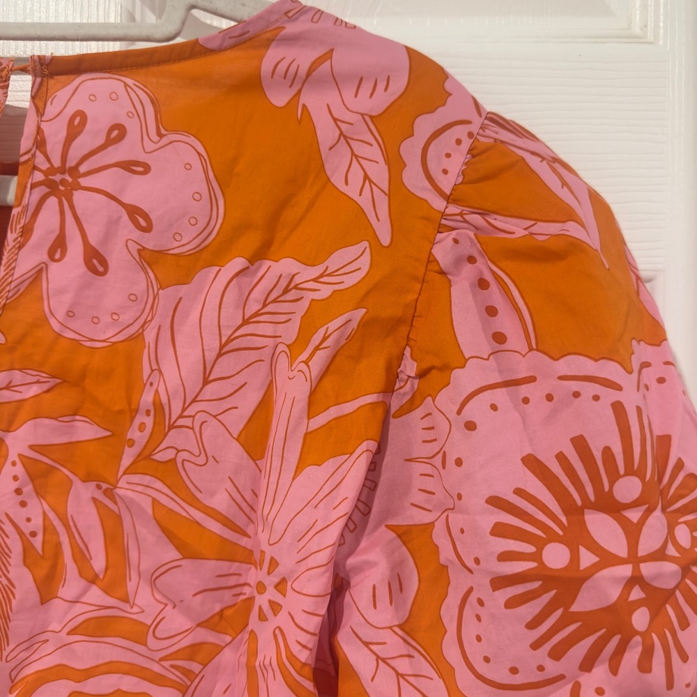 Melloday Womens Pink Orange Floral Puff Sleeve Peplum Tie Front Blouse Large - Picture 6 of 7